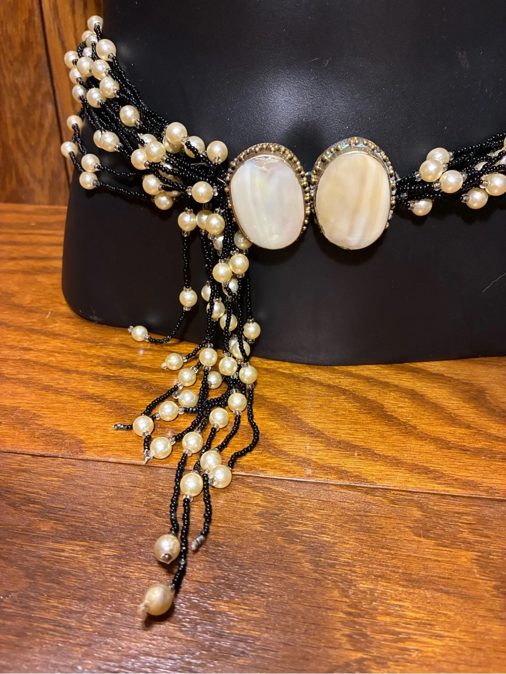 Vintage Mother Of Pearl Brass Beaded Boho Statement Belt Black Ivory OS
